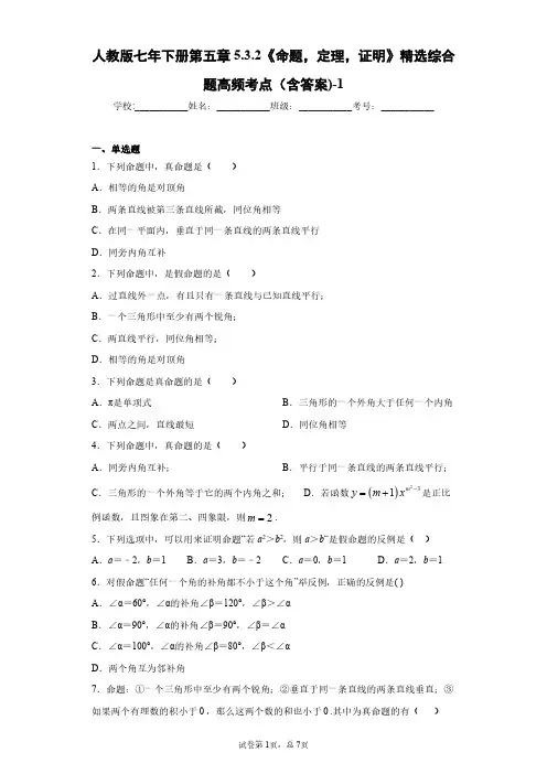 人教版数学七年下册第五章5.3.2《命题,定理,证明》精选题高频考点(含答案)-2