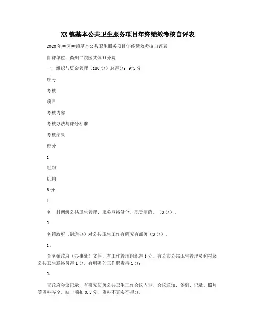 XX镇基本公共卫生服务项目年终绩效考核自评表