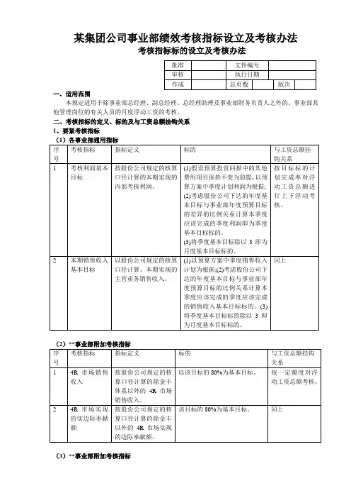 某集团公司事业部绩效考核指标设立及考核办法