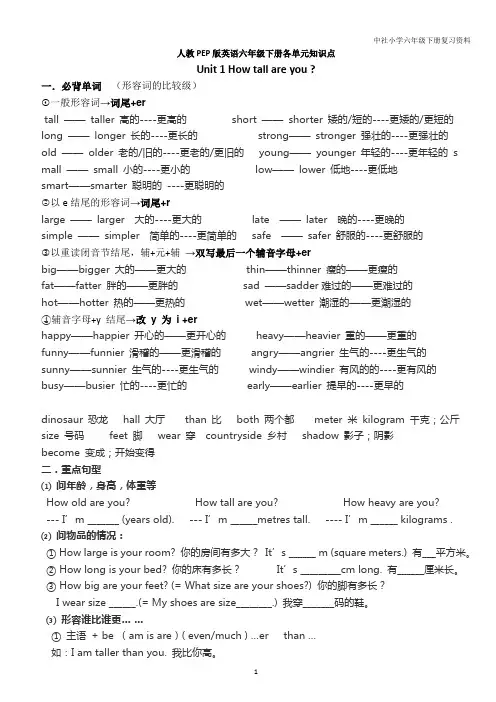 新人教版(PEP)小学英语六年级下册各单元知识点总结