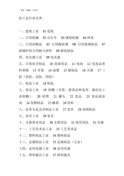 最新轻工业行业分类