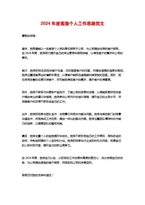 2024年度客服个人工作思路范文