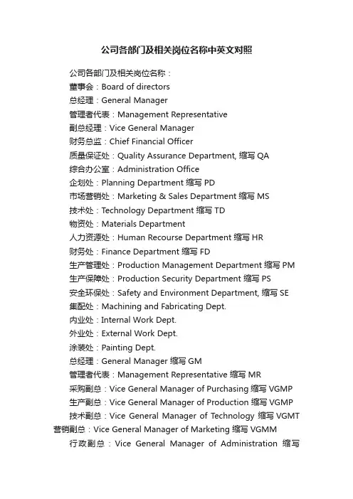 公司各部门及相关岗位名称中英文对照