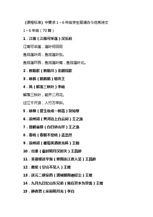 《课程标准》中要求1～6年级学生背诵古今优秀诗文