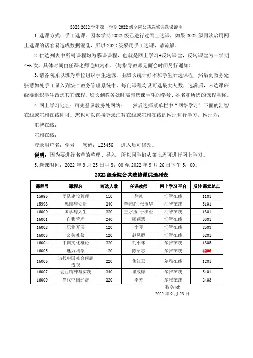 2022-2022学年第一学期2022级全院公共选修课选课说明