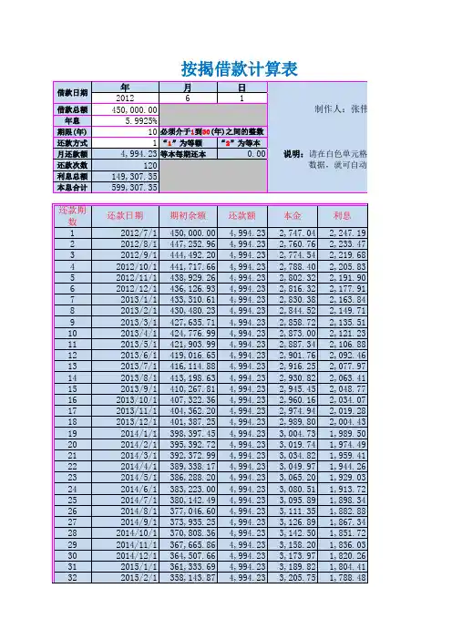 按揭贷款 等额和等本 还款明细表