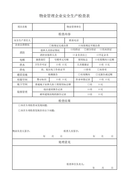 物业管理企业安全生产检查表