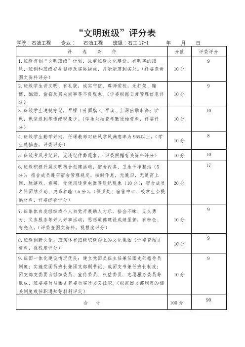 文明班级评分表【模板】