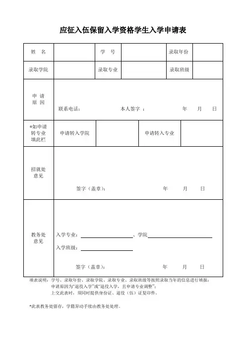 应征入伍保留入学资格学生入学申请表