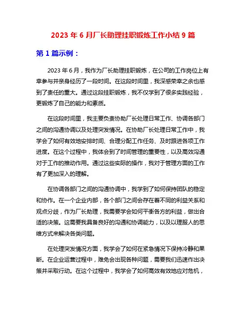 2023年6月厂长助理挂职锻炼工作小结9篇