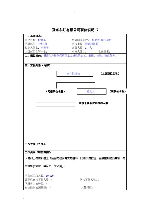 冠东车灯公司模具部检具工职位说明书.doc