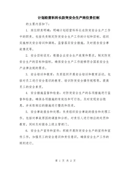 计划经营科科长防突安全生产岗位责任制