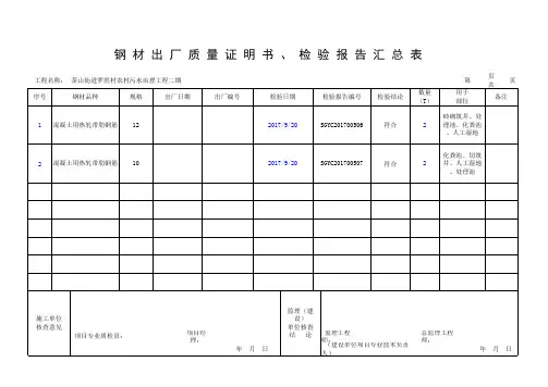 钢材出厂质量证明书、检验报告汇总表