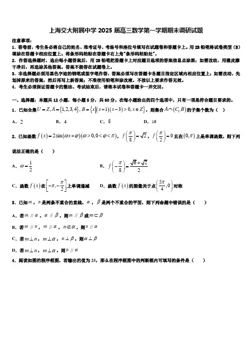上海交大附属中学2025届高三数学第一学期期末调研试题含解析