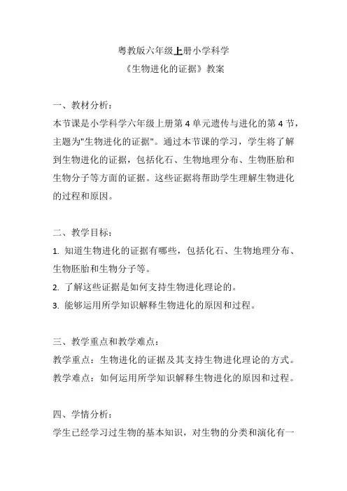 粤教版六年级上册小学科学《生物进化的证据》教案