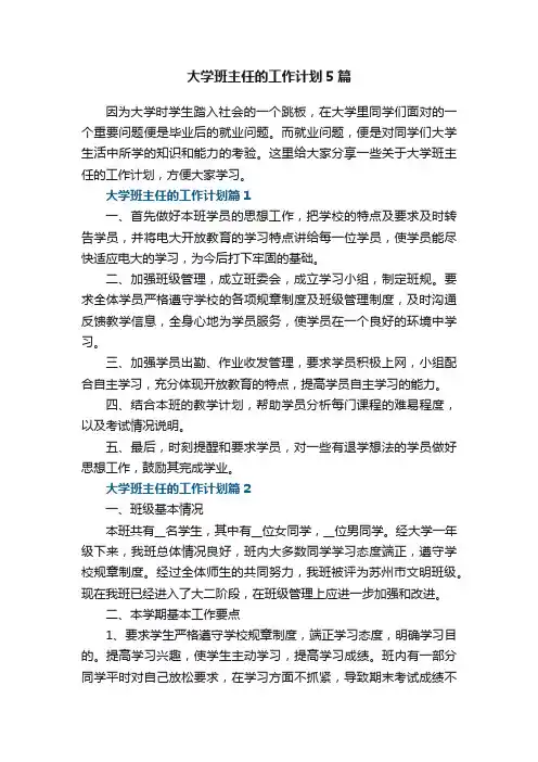 大学班主任的工作计划5篇