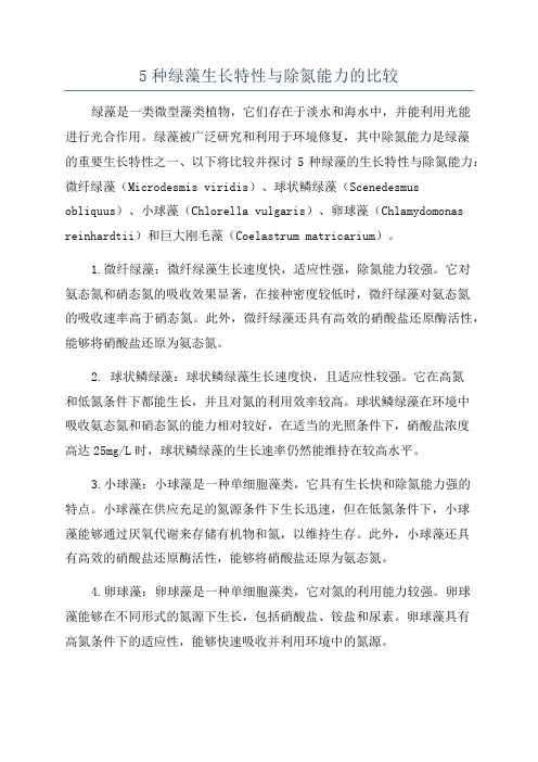5种绿藻生长特性与除氮能力的比较