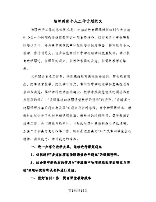 2024年物理教师个人工作计划范文(五篇)