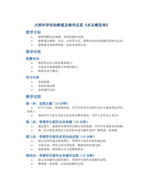 大班科学活动教案及教学反思《水从哪里来》