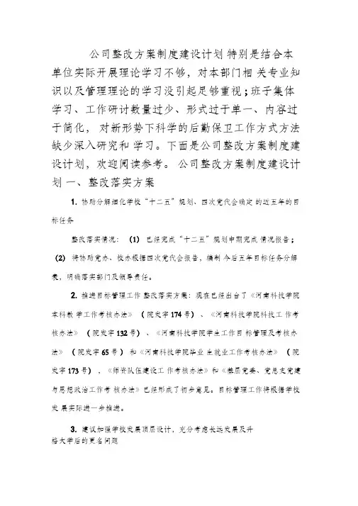 公司整改方案制度建设计划