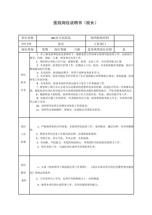 医院岗位说明书(院长)