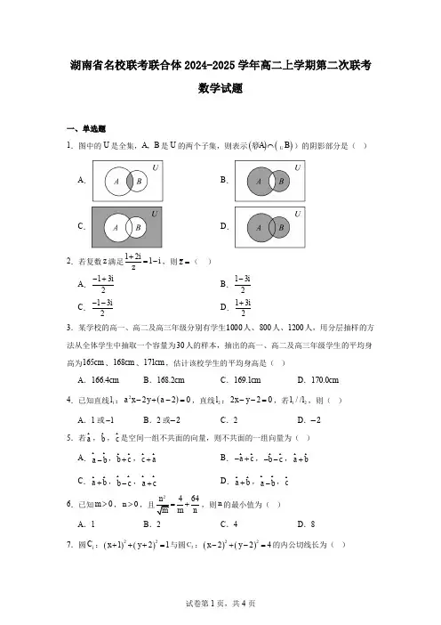 湖南省名校联考联合体2024-2025学年高二上学期第二次联考数学试题