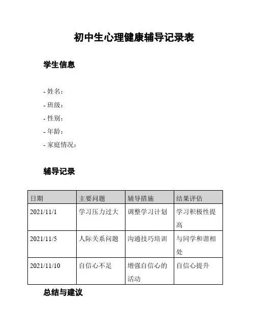 初中生心理健康辅导记录表