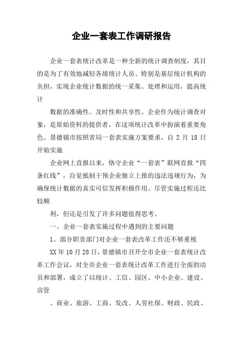 企业一套表工作调研报告