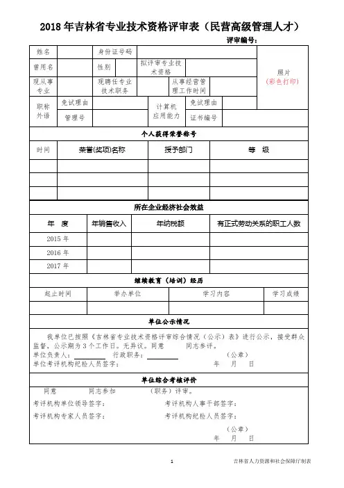 2018年吉林省专业技术职务评审表(民营高经)
