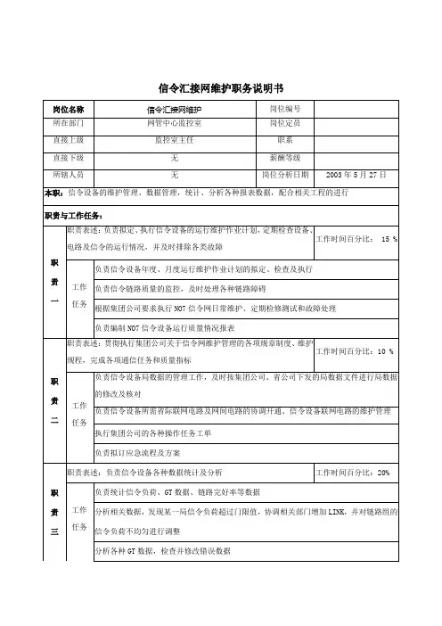 材料行业网管中心监控室信令汇接网维护岗位说明书