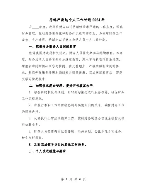 房地产出纳个人工作计划2024年（4篇）