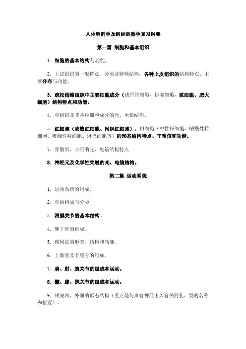 人体解剖学及组织胚胎学复习纲要