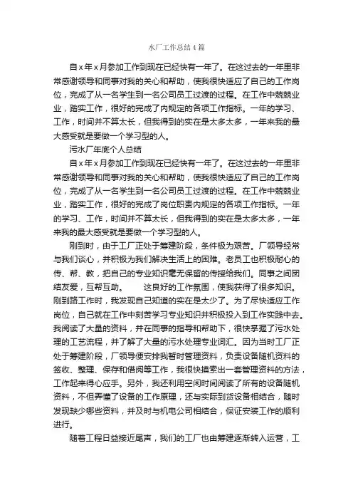 水厂工作总结4篇_工作总结范文_