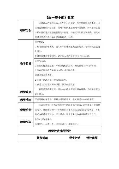 教科版科学五年级下册 第一单元《造一艘小船》教案2