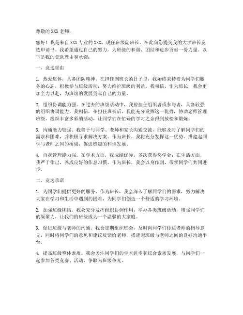 大学班长竞选申请书模板