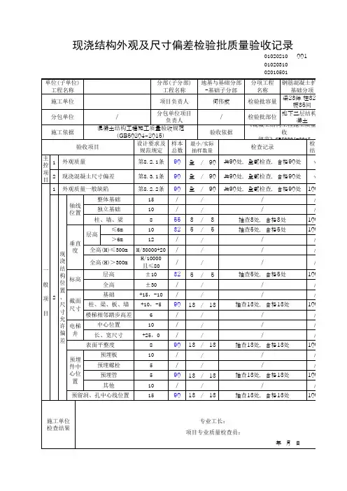 现浇结构外观及尺寸偏差检验批质量验收记录 