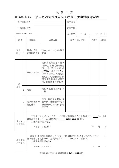 表(长水)2.6-2 预应力筋制作及安装工序施工质量验收评定表