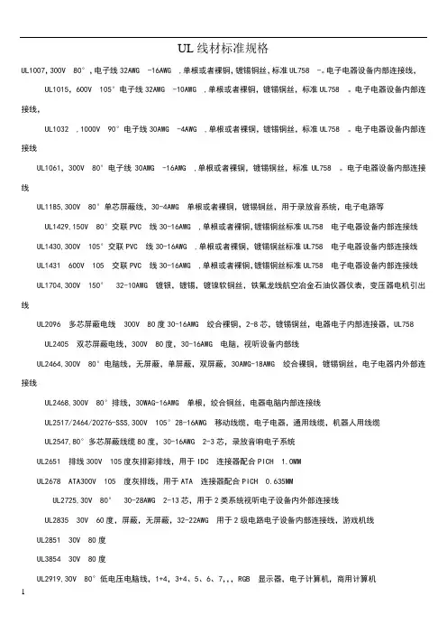 UL线材标准规格