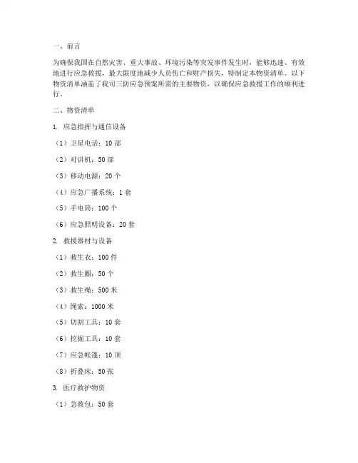 三防应急预案物资清单