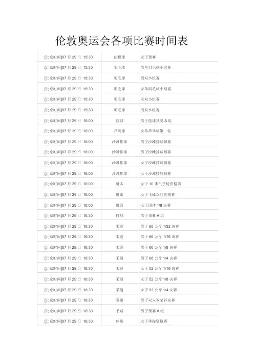 伦敦奥运会各项比赛时间表