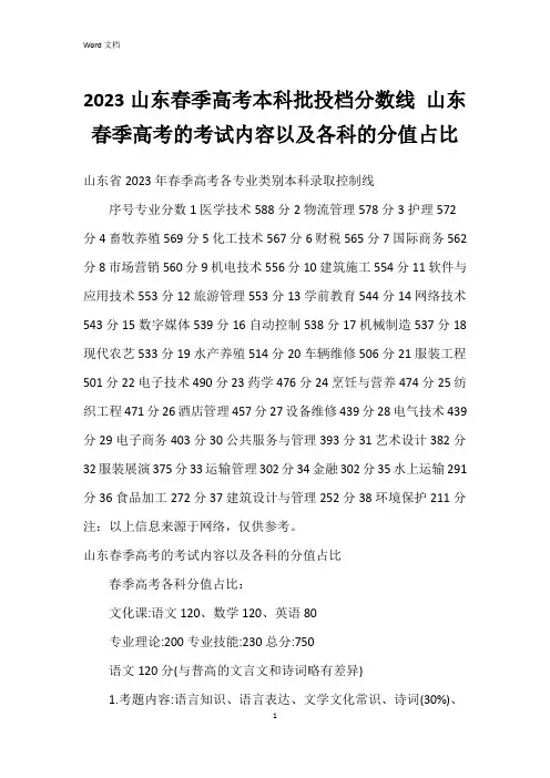 2023山东春季高考本科批投档分数线 山东春季高考的考试内容以及各科的分值占比