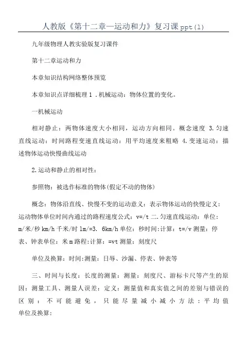 人教版《第十二章-运动和力》复习课ppt(1)