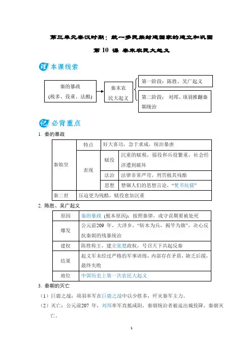 2024年人教版七年级上册历史基础知识背记第10课秦末农民大起义