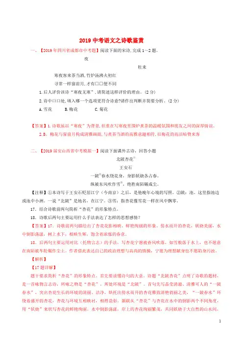 2019年中考语文中考分项汇编专题之诗歌鉴赏(含解析)