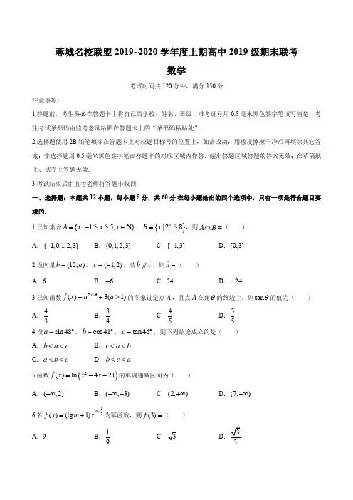 四川省成都市蓉城名校联盟2019-2020学年高一上学期期末联考数学试题(pdf版)