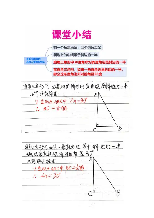 含30度的直角三角形的特殊性质 (有知识点,手写答案,所有题目都有详细过程)