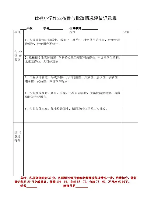 xx小学作业布置与批改情况评估记录表