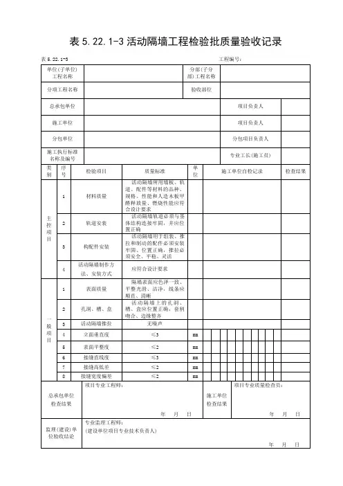 表5.22.1-3活动隔墙工程检验批质量验收记录