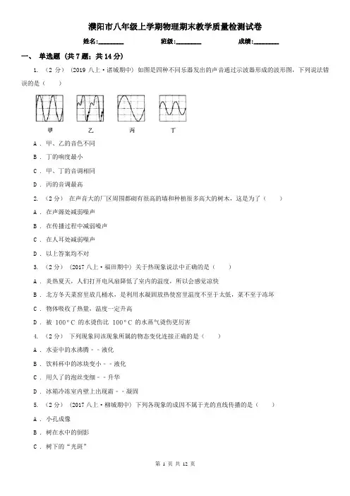 濮阳市八年级上学期物理期末教学质量检测试卷
