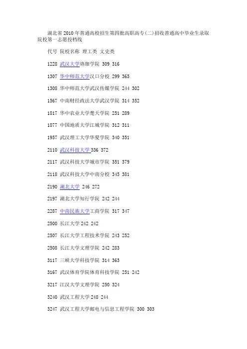 2010年湖北高职高专(二)投档线